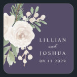 Winter White Botanical Purple Wedding Quadratischer Aufkleber<br><div class="desc">Gorgeous white floral with greenery,  set over a rich purple background,  in a minimalist design...  with your text in modern script and classic font. Simple. Elegant. Perfect for a winter wedding.</div>