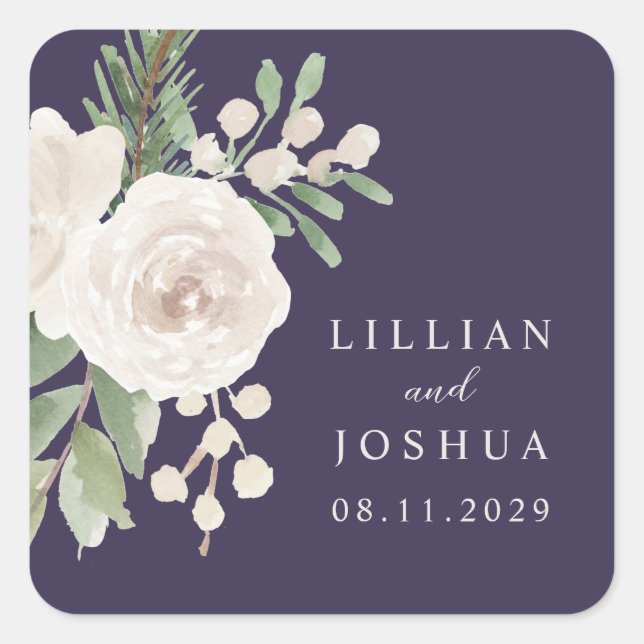Winter White Botanical Purple Wedding Quadratischer Aufkleber (Vorderseite)
