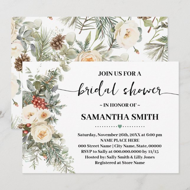 Winter White Floral Bridal Shower Einladung (Vorne/Hinten)