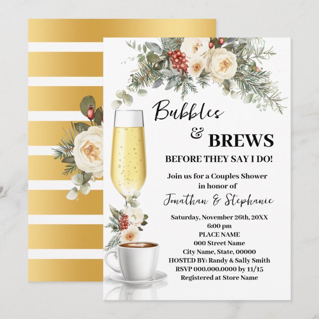 Winter White Floral Bubbles & Brews Coffee Shower Einladung (Vorne/Hinten)