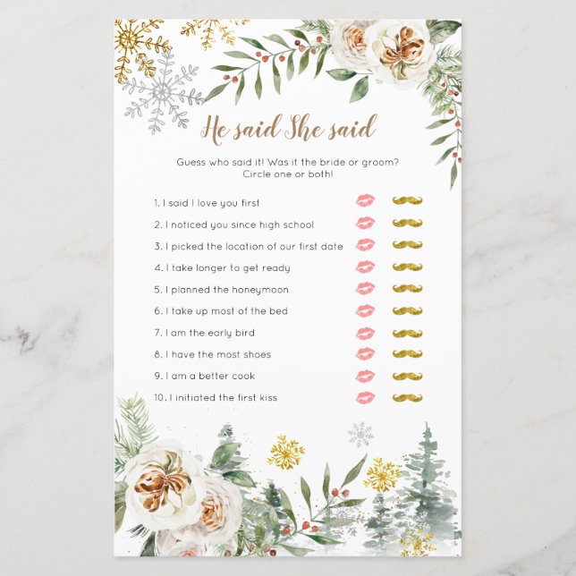 Winter White Floral Er sagte, sie sagte Game Card (Vorderseite)