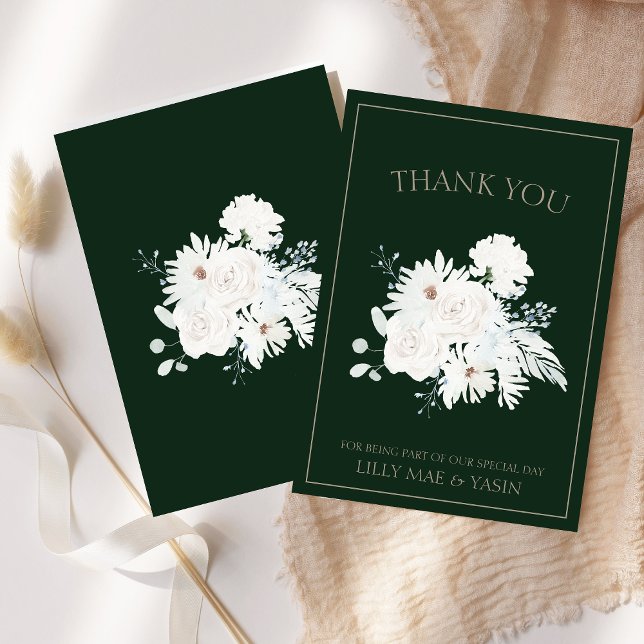 Winter White Floral Green Christmas Dankeskarte (Winter White Floral Green Christmas Wedding Thank You Card)