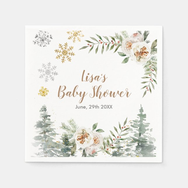 Winter White Floral Pine Tree Baby Dusche Napkin Serviette (Vorderseite)