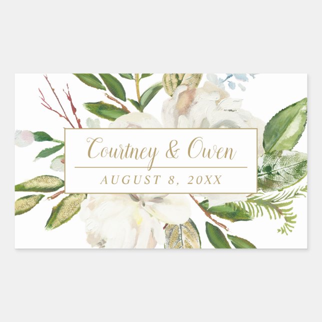 Winter White Floral Wedgram Rechteckiger Aufkleber (Vorderseite)