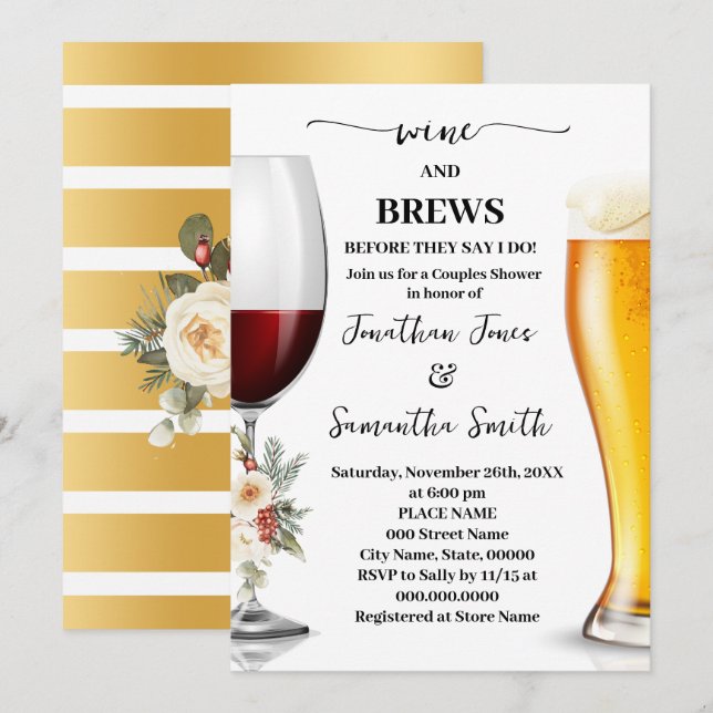 Winter White Floral Wine and Brews Couples Shower Einladung (Vorne/Hinten)