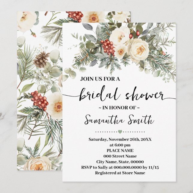 Winter White Flowers Bridal Shower Einladung (Vorne/Hinten)