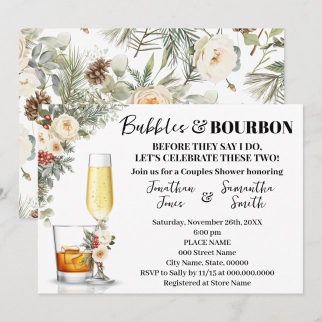 Winter White Flowers Bubbles & Bourbon Shower Einladung (Vorne/Hinten)
