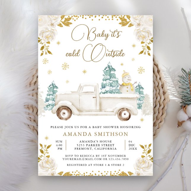 Winter White Gold Floral Truck Snowman Baby Dusche Einladung (Von Creator hochgeladen)