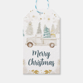 Winter White & Gold Truck Floral Frohe Weihnachten Geschenkanhänger