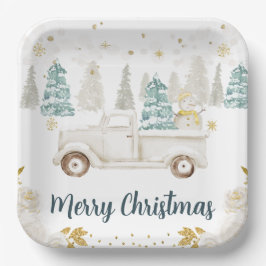Winter White & Gold Truck Floral Frohe Weihnachten Pappteller