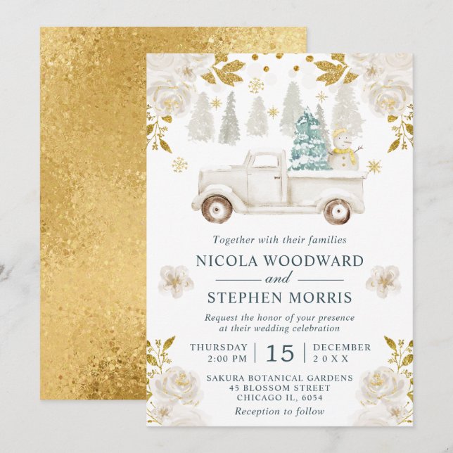 Winter White & Gold Truck Floral Wedding Einladung (Vorne/Hinten)