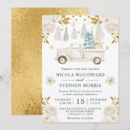 Winter White & Gold Truck Floral Wedding Einladung