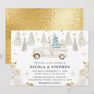 Winter White & Gold Truck Floral Wedding Einladung