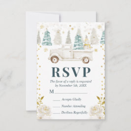 Winter White & Gold Truck Floral Wedding RSVP Karte