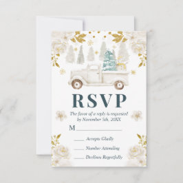 Winter White & Gold Truck Floral Wedding RSVP Karte