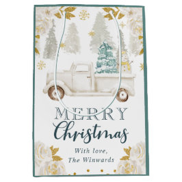 Winter White & Gold Truck Floral Weihnachten Mittlere Geschenktüte
