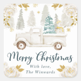 Winter White & Gold Truck Floral Weihnachten Quadratischer Aufkleber
