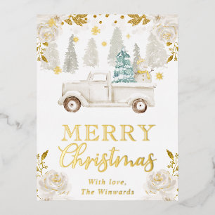 Winter White & Gold Truck Floraler Weihnachtsurlau Folien Feiertagspostkarte
