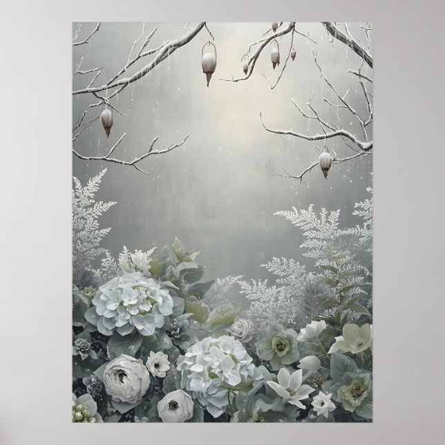 Winter White Hydrangea Floral Art Centerpiece Poster (Vorne)