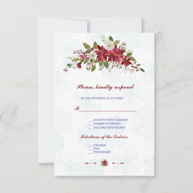 Winter White Poinsettia Snowflakes Wedding RSVP (Vorderseite)