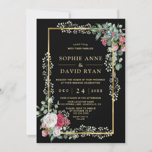 Winter White Red Floral Holly Berry Gold Wedding Einladung