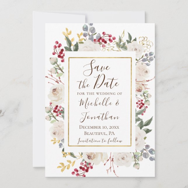 Winter White Roses Red Berries Gold Frame Save The Date (Vorderseite)