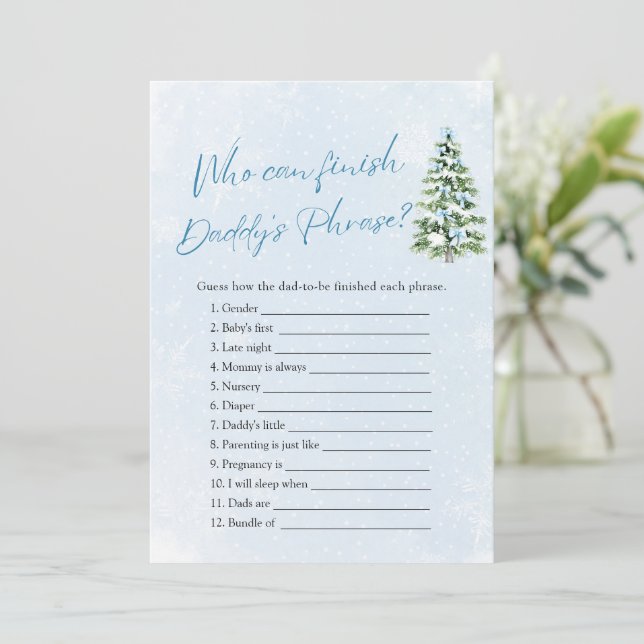 Winter Who Can Finish Daddy 's Phrase Baby Shower Einladung (Stehend Vorderseite)