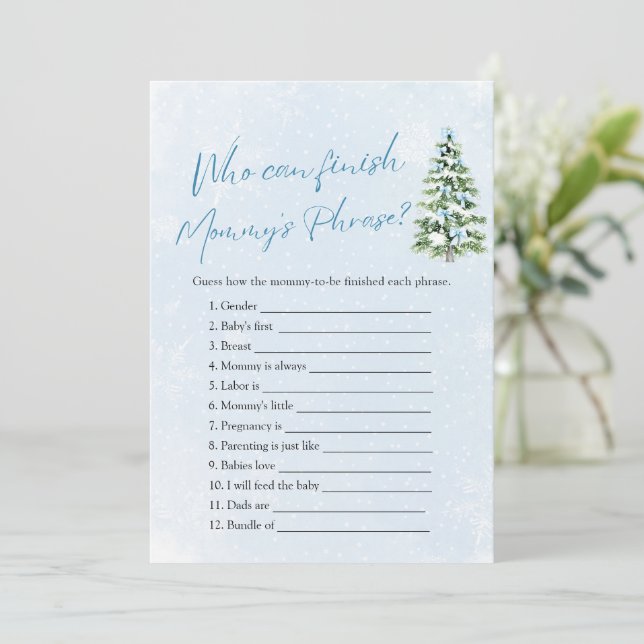 Winter Who Can Finish Mommy's Phrase Baby Shower Einladung (Stehend Vorderseite)