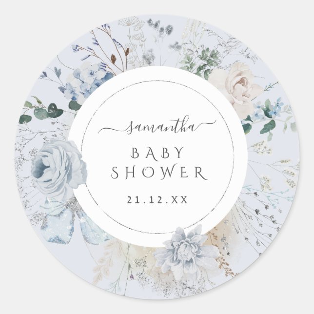 Winter Wildblume Elegant Boho Babydusche Runder Aufkleber (Vorderseite)