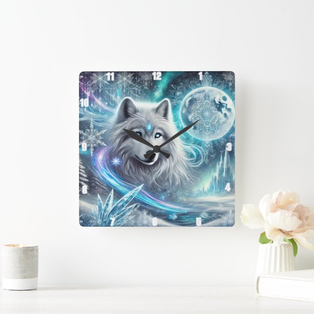Winter Wolf Moon Quadratische Wanduhr (Zuhause)