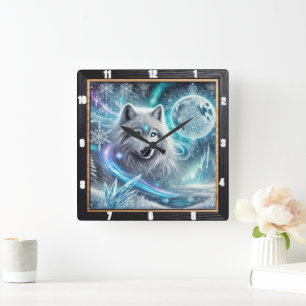 Winter Wolf Moon Quadratische Wanduhr