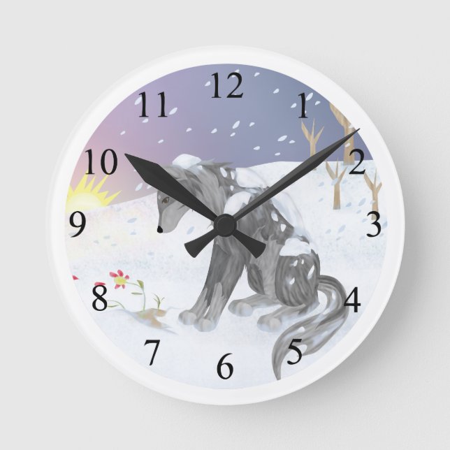 Winter Wolf Runde Wanduhr (Vorderseite)