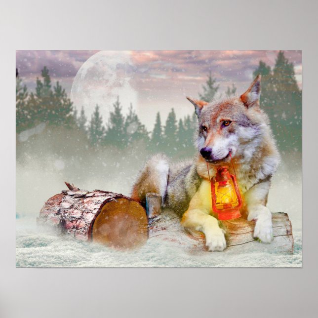 Winter Wolf Schnee Weihnachtslandschaft Poster (Vorne)