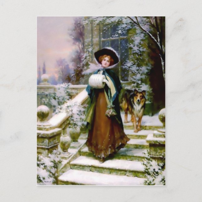 Winter Woman Collie Dog Viktorianisch Hand Muff Postkarte (Vorderseite)