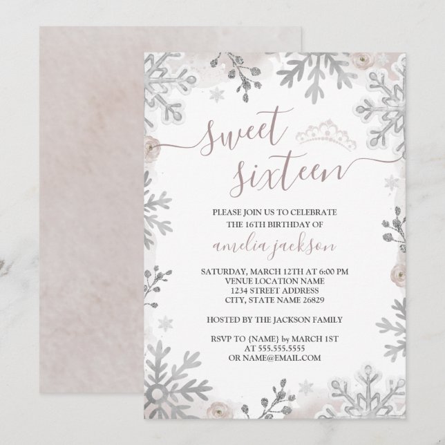 Winter Wonderland 16 . Geburtstag Blush Tiara Einladung (Vorne/Hinten)