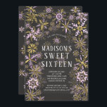 Winter Wonderland 16 . Geburtstag Geburtstagsparty Einladung<br><div class="desc">Moderne Wintereinladung in 16 . Geburtstag mit goldfarbenem und rosa Schneeflocken-Set auf einem angesagten schwarzen Chalkboard-Hintergrund.</div>