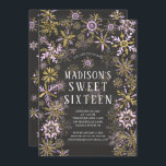 Winter Wonderland 16 . Geburtstag Geburtstagsparty Einladung<br><div class="desc">Moderne Wintereinladung in 16 . Geburtstag mit goldfarbenem und rosa Schneeflocken-Set auf einem angesagten schwarzen Chalkboard-Hintergrund.</div>