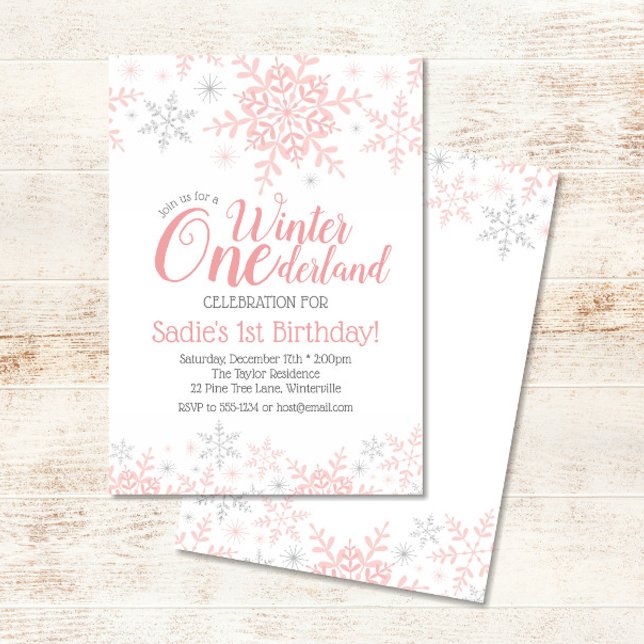 Winter Wonderland 1. Geburtstag Girl Pink Silver Einladung (Von Creator hochgeladen)