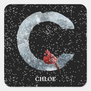 Winter Wonderland Alphabet C Monogram Roter Voge Quadratischer Aufkleber