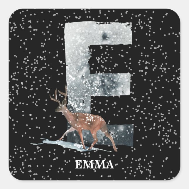 Winter Wonderland Alphabet E Monogram | Rentier Quadratischer Aufkleber (Vorderseite)