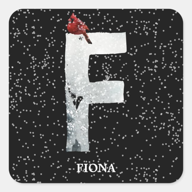 Winter Wonderland Alphabet F Monogram | Roter Voge Quadratischer Aufkleber (Vorderseite)