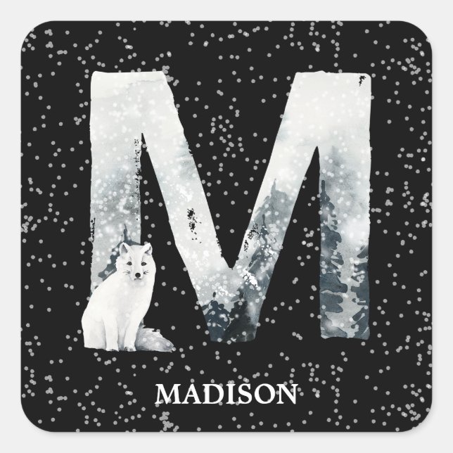Winter Wonderland Alphabet M Monogram | Schneebolf Quadratischer Aufkleber (Vorderseite)