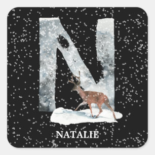 Winter Wonderland Alphabet N Monogram   Rentier Quadratischer Aufkleber