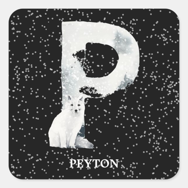 Winter Wonderland Alphabet P Monogram | Schneebolf Quadratischer Aufkleber (Vorderseite)