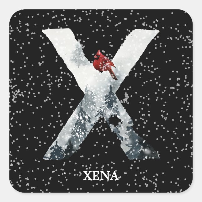 Winter Wonderland Alphabet X Monogram | Roter Voge Quadratischer Aufkleber (Vorderseite)