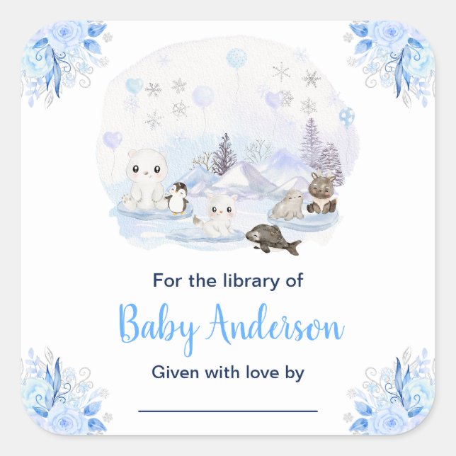 Winter Wonderland Animals Baby Dusche Buchzeichen Quadratischer Aufkleber (Vorderseite)