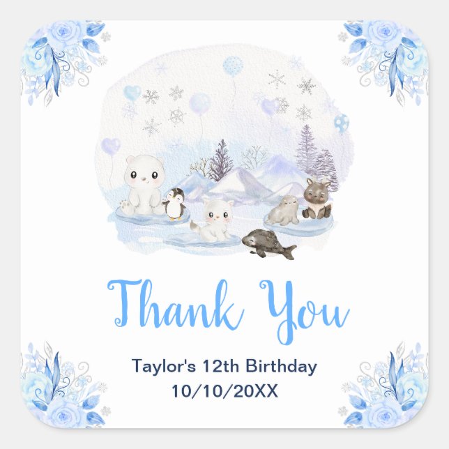 Winter Wonderland Animals Birthday Party Thank You Quadratischer Aufkleber (Vorderseite)