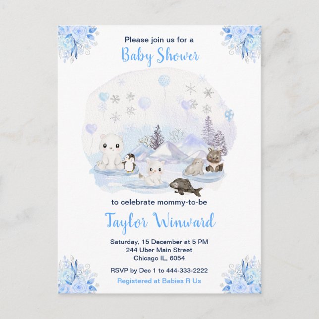 Winter Wonderland Arctic Animals Baby Dusche Postkarte (Vorderseite)