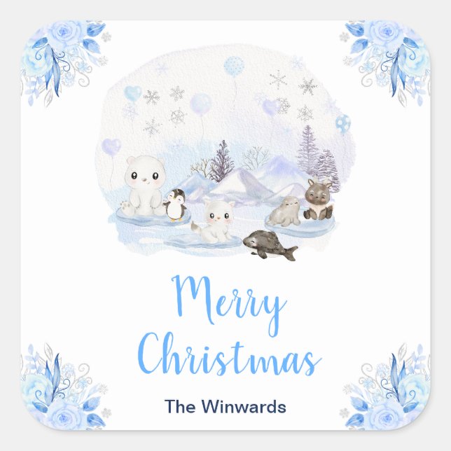 Winter Wonderland Arctic Animals Merry Christmas Quadratischer Aufkleber (Vorderseite)
