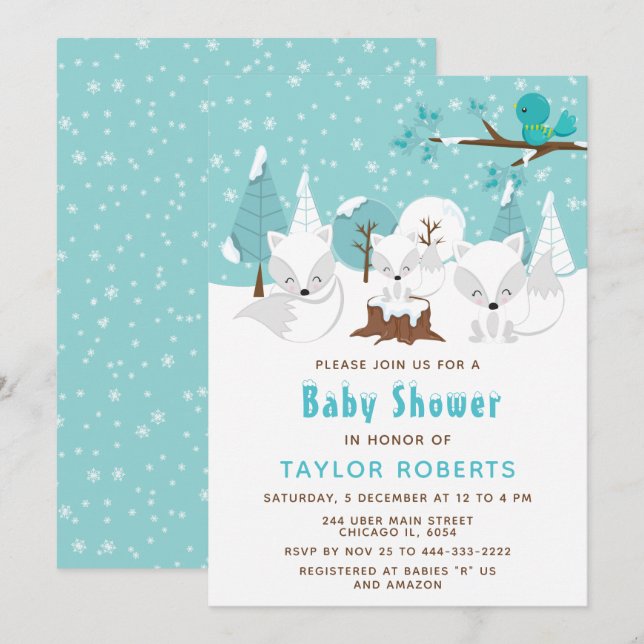 Winter Wonderland Arctic Fox Baby Dusche Einladung (Vorne/Hinten)